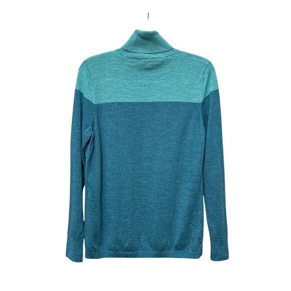 XL 100% Merino Wool Two-Tone Colorblock Teal Turtleneck Sweater Long Sleeve - Picture 3 of 6